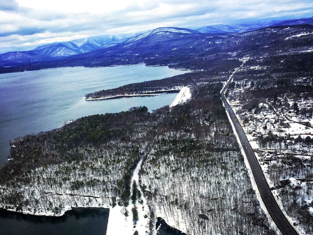 aerial view of Lake George from a helicopter ride in winter